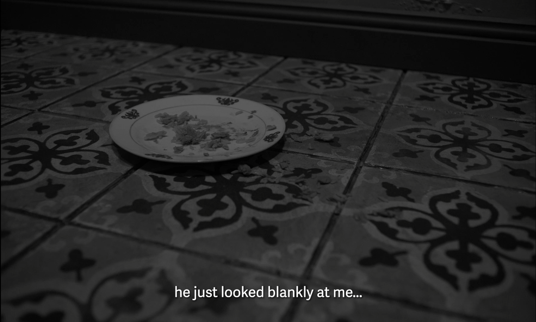 A white plate with leftover food on a tiled floor with dark and light decorative patterns; a subtitle reads 'he just looked blankly at me...'.