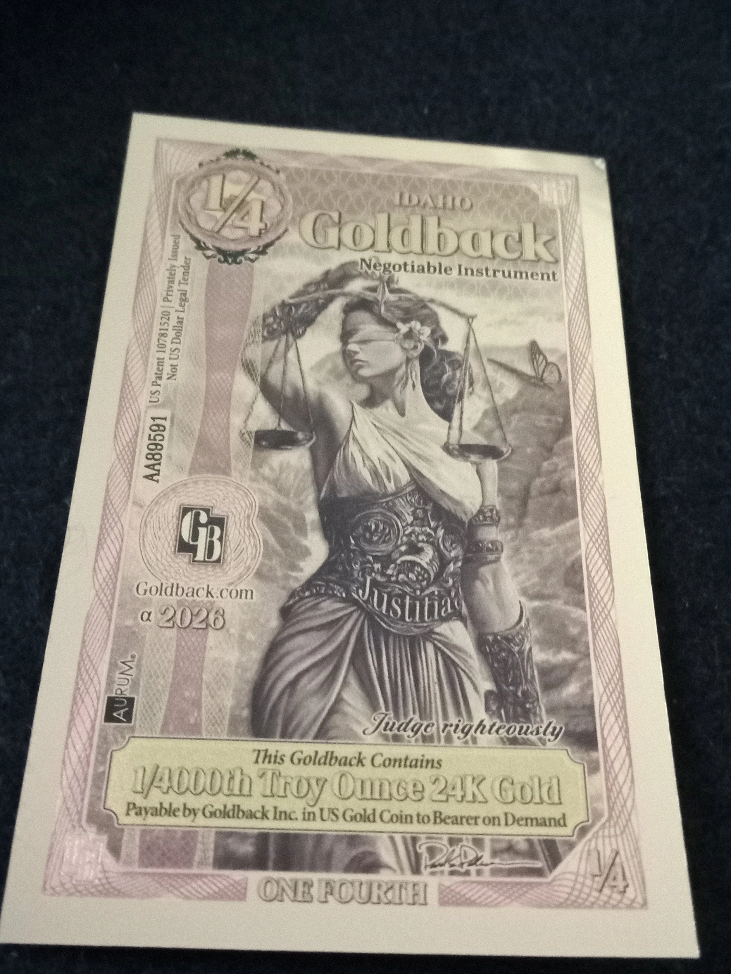 Idaho Quarter Goldback - Alpha Series - AA89591