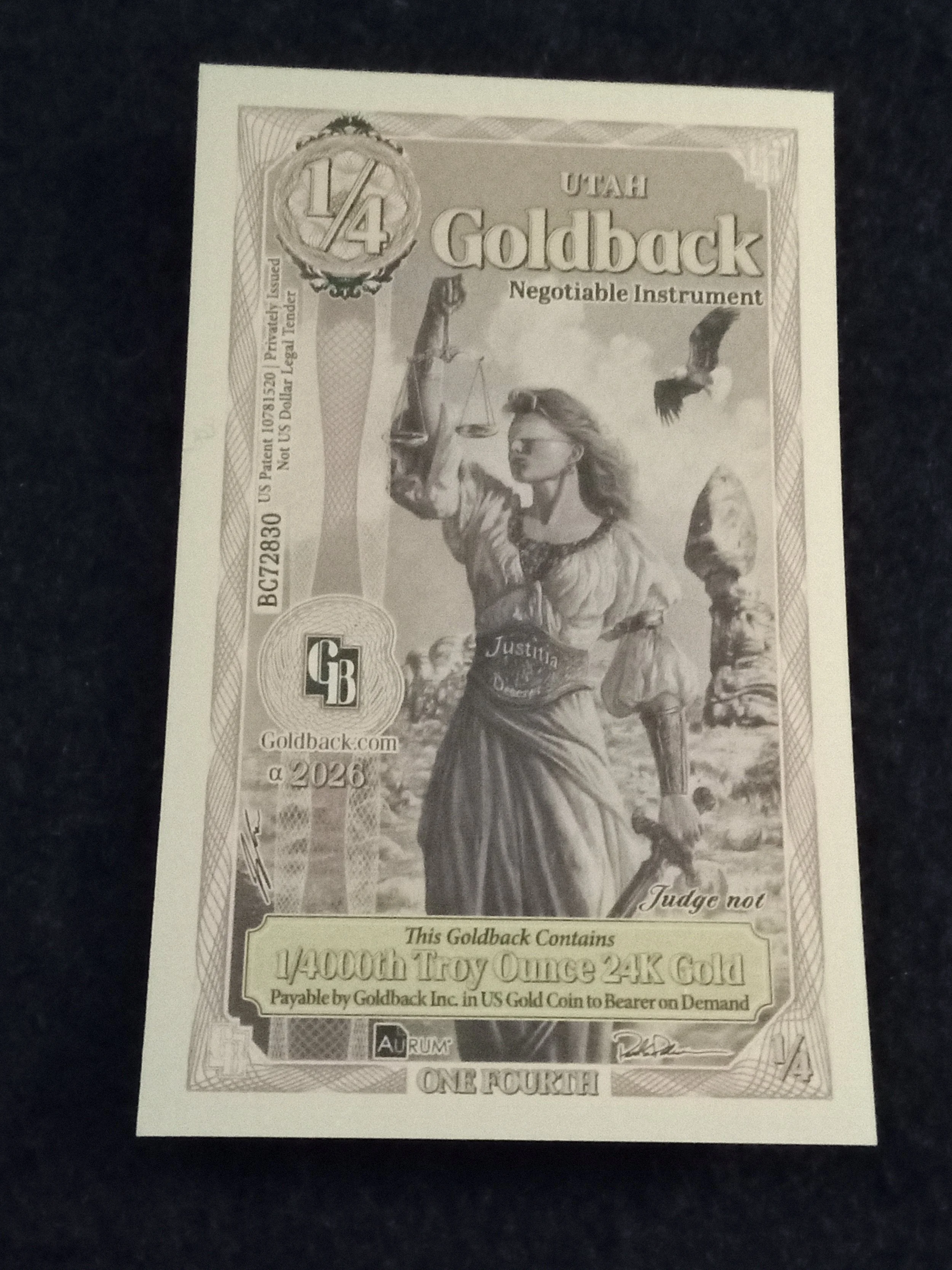 Utah 1/4 Goldback - Alpha Series - BC72830