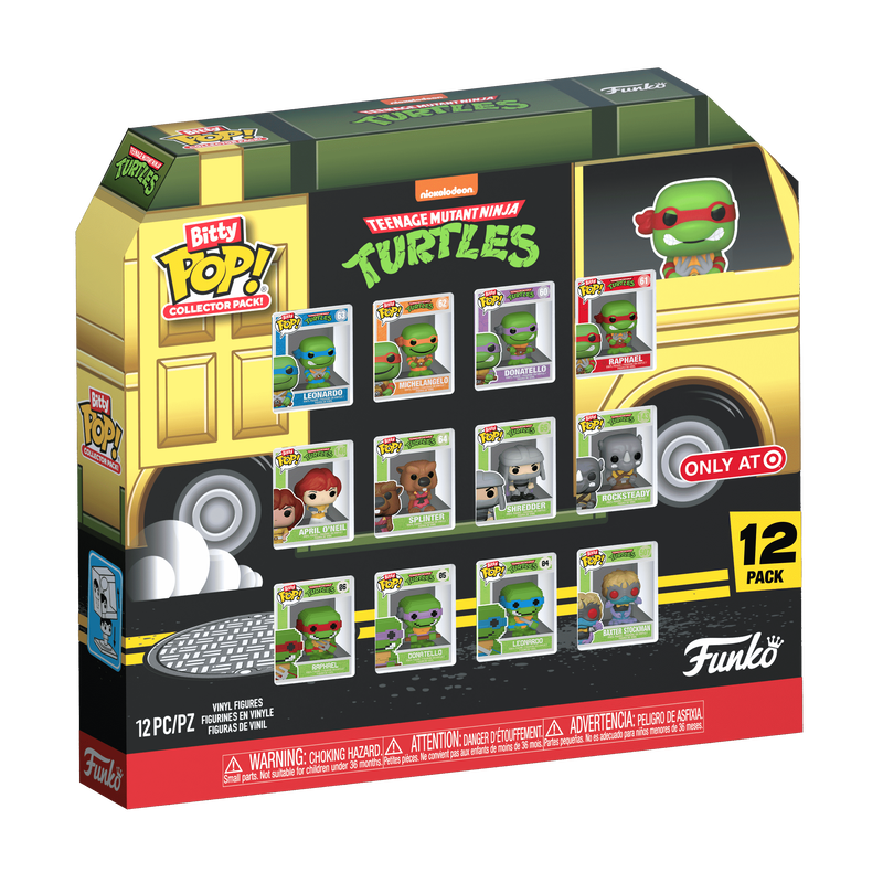 Box of Teenage Mutant Ninja Turtles Funko Pop! vinyl figures featuring 12 collectible figures in a school bus packaging design.