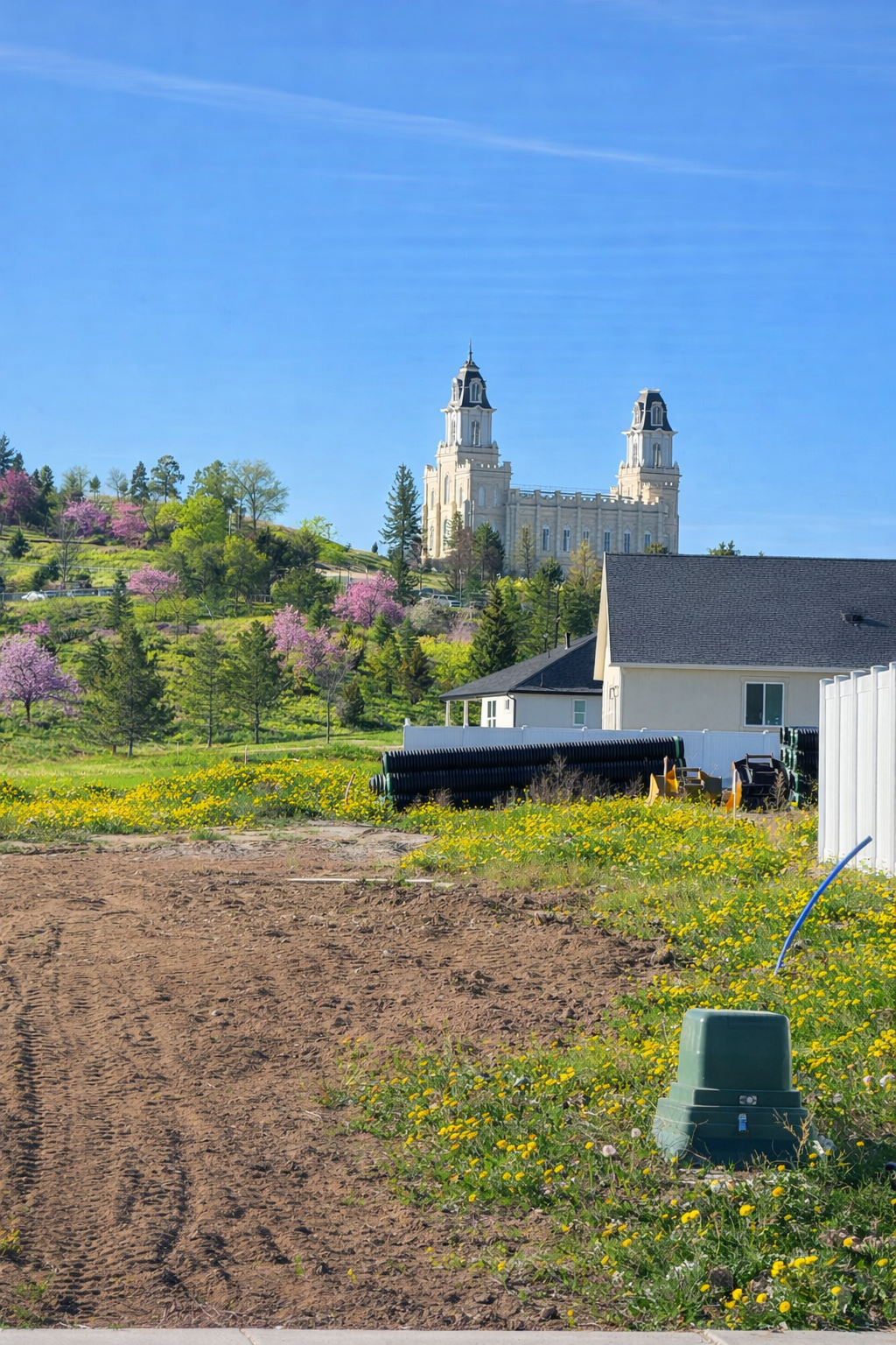A grassy area with yellow flowers, a house, and a white fence, with a hill in the background featuring pink flowering trees and a large church or cathedral with twin towers against a blue sky.