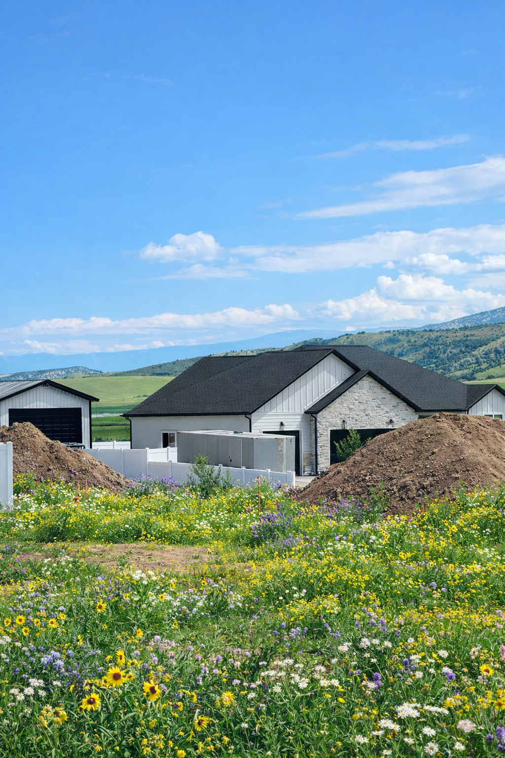 A house under construction in a field of wildflowers with mountains in the background and a partly cloudy blue sky in a new development called Manti Temple View Estates
