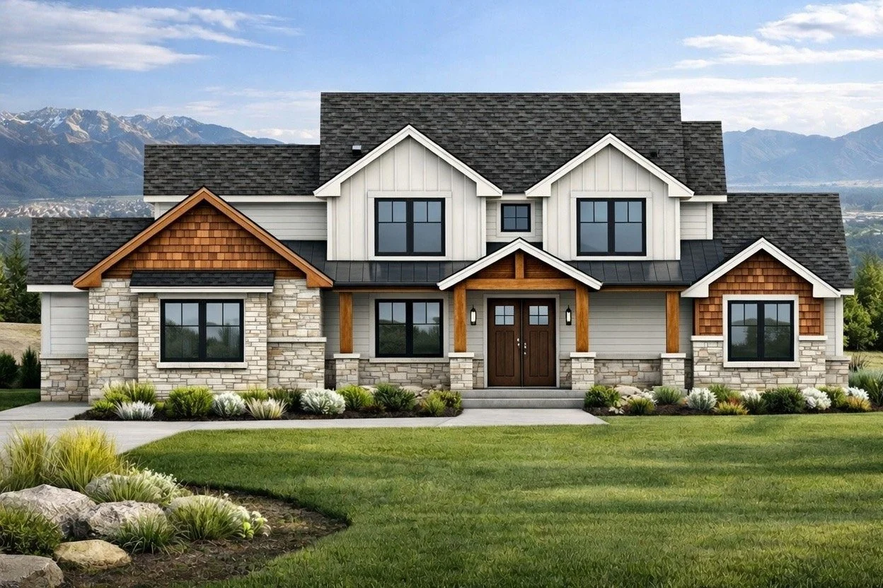 Modern house with a mix of stone, wood, and siding exterior, set against a backdrop of mountains and a partly cloudy sky.