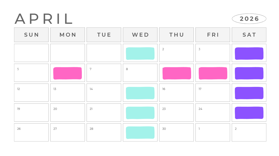 April 2026 calendar with colored marks on specific days, pink marks on the 6th, 9th, 15th, 16th, and 17th, cyan marks on the 1st, 14th, 21st, 28th, and 30th, and purple marks on every Saturday.