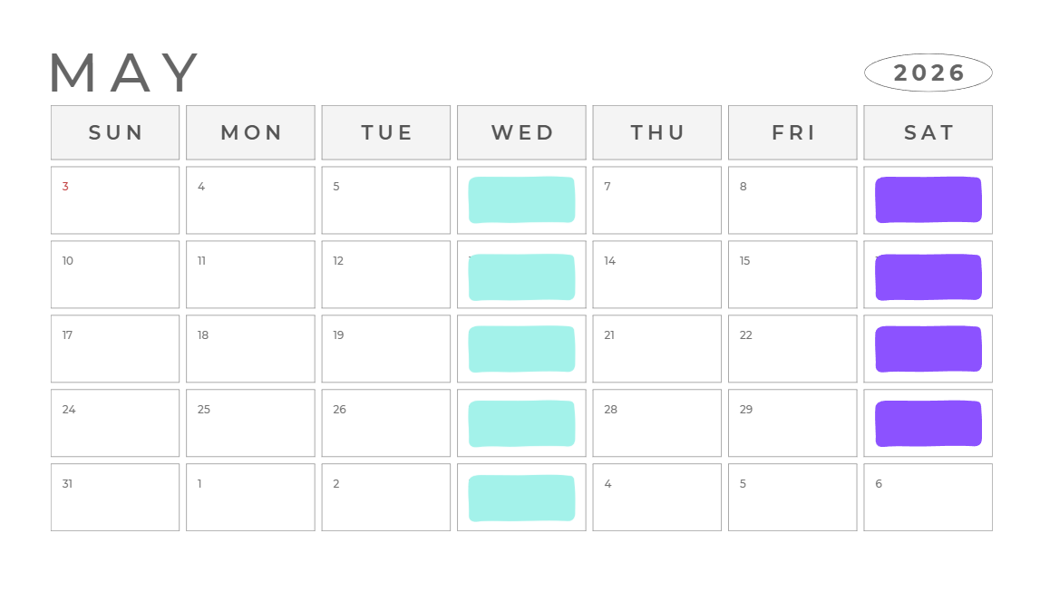 Calendar for May 2026 with highlight colors on certain days
