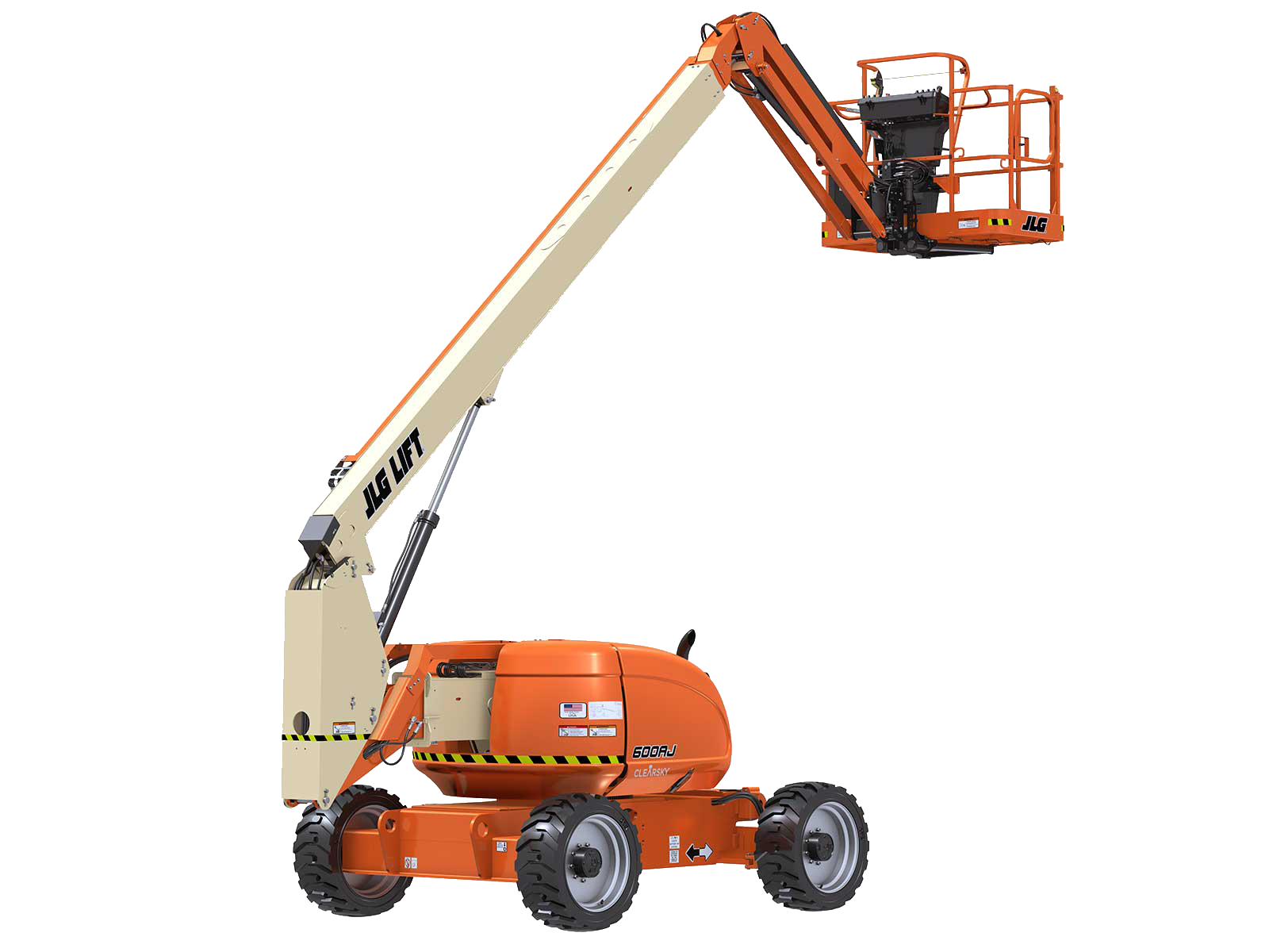 An orange telescopic boom lift with JLG branding, extended upwards, on a black and grey background.