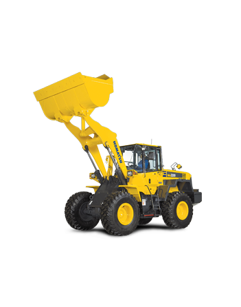 Yellow front-end loader with its bucket raised, on a gray background.