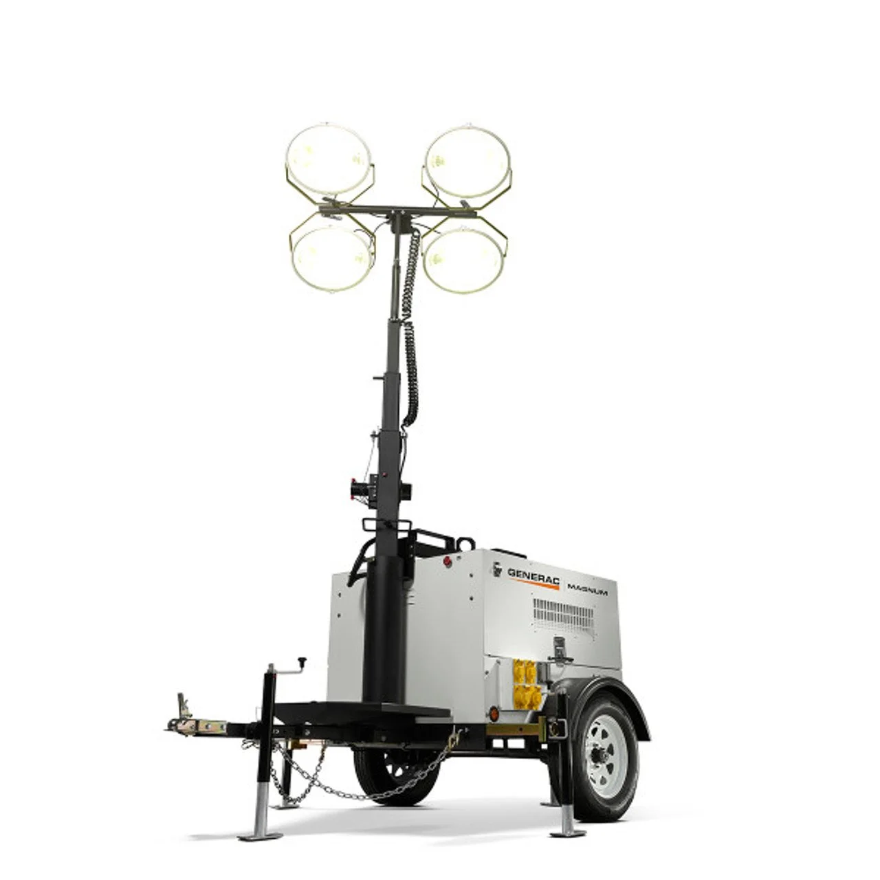 Portable light tower with four large lights mounted on a telescoping pole, connected to a generator trailer with wheels.