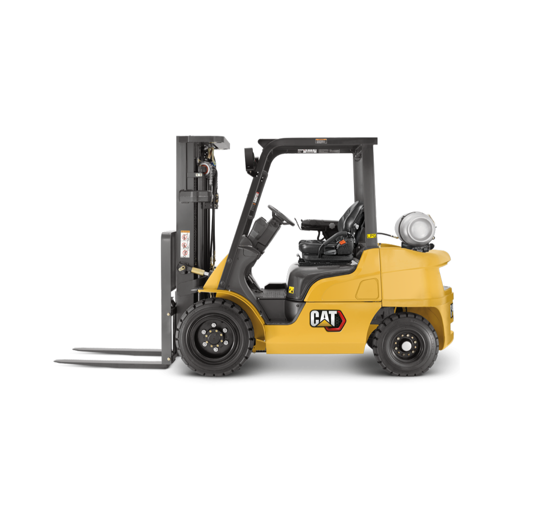 Yellow CAT forklift with black tires and a propane tank attached, viewed from the side.
