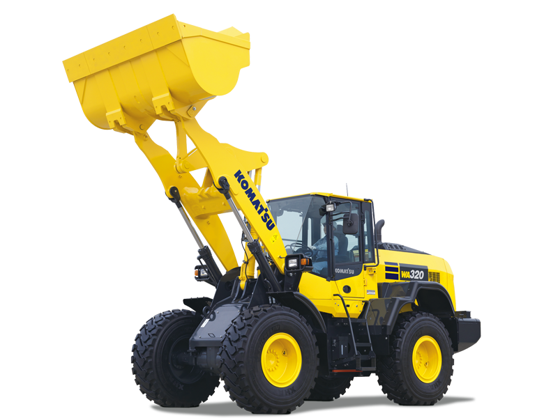 Yellow Komatsu WA320 wheel loader with raised bucket.