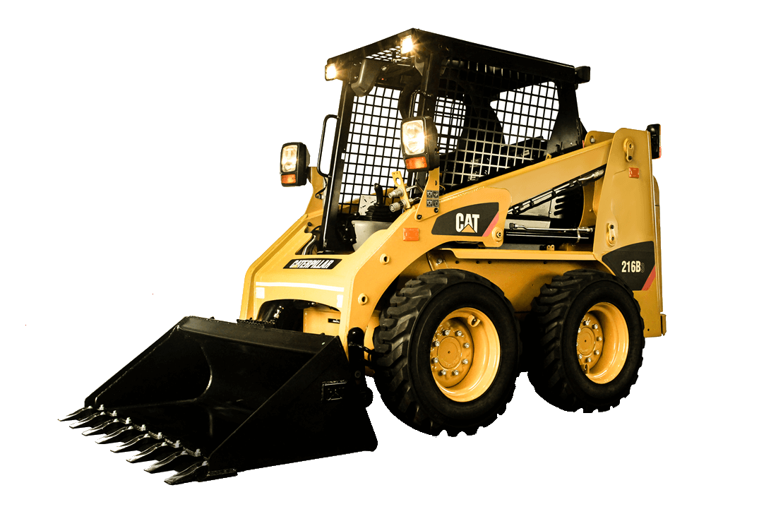 A yellow CAT compact skid steer loader with a black attachment on the front.
