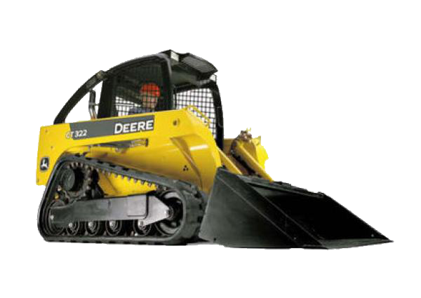 Yellow and black Deere compact track loader with a large front bucket. The loader has a cab with a person wearing a red hat operating it.