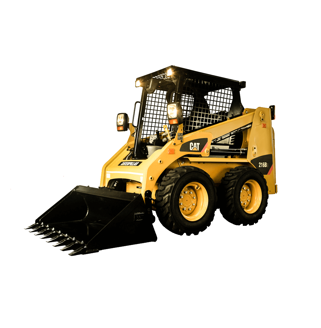 A yellow Caterpillar skid steer loader with a black bucket attachment, against a black background.