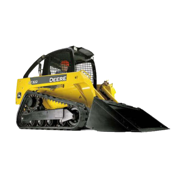 Yellow and black John Deere compact track loader with a front loader bucket.