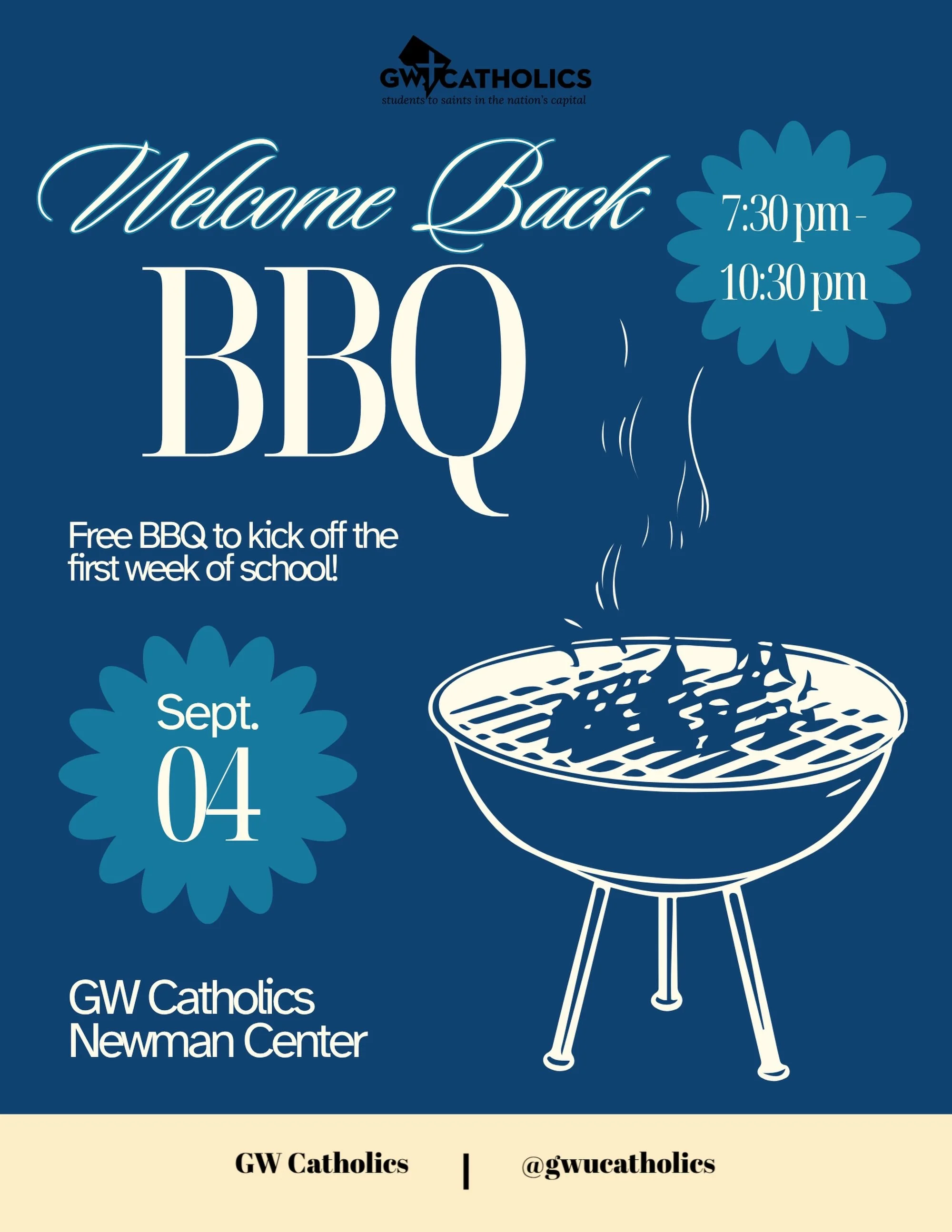 Join us tomorrow night for our Welcome Back BBQ for a free meal to kick off the first week of school! We hope to see you there! 

#gwcatholics #gwcatholicsbbq