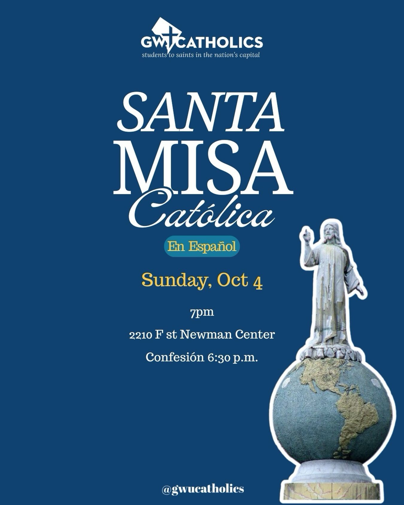 Los invitamos a acompa&ntilde;arnos este domingo 4 de octubre a las 7p.m. para celebrar juntos la Santa Misa en espa&ntilde;ol.

Los esperamos!!

#GWCatholics #NewmanCenter #hispanicministries