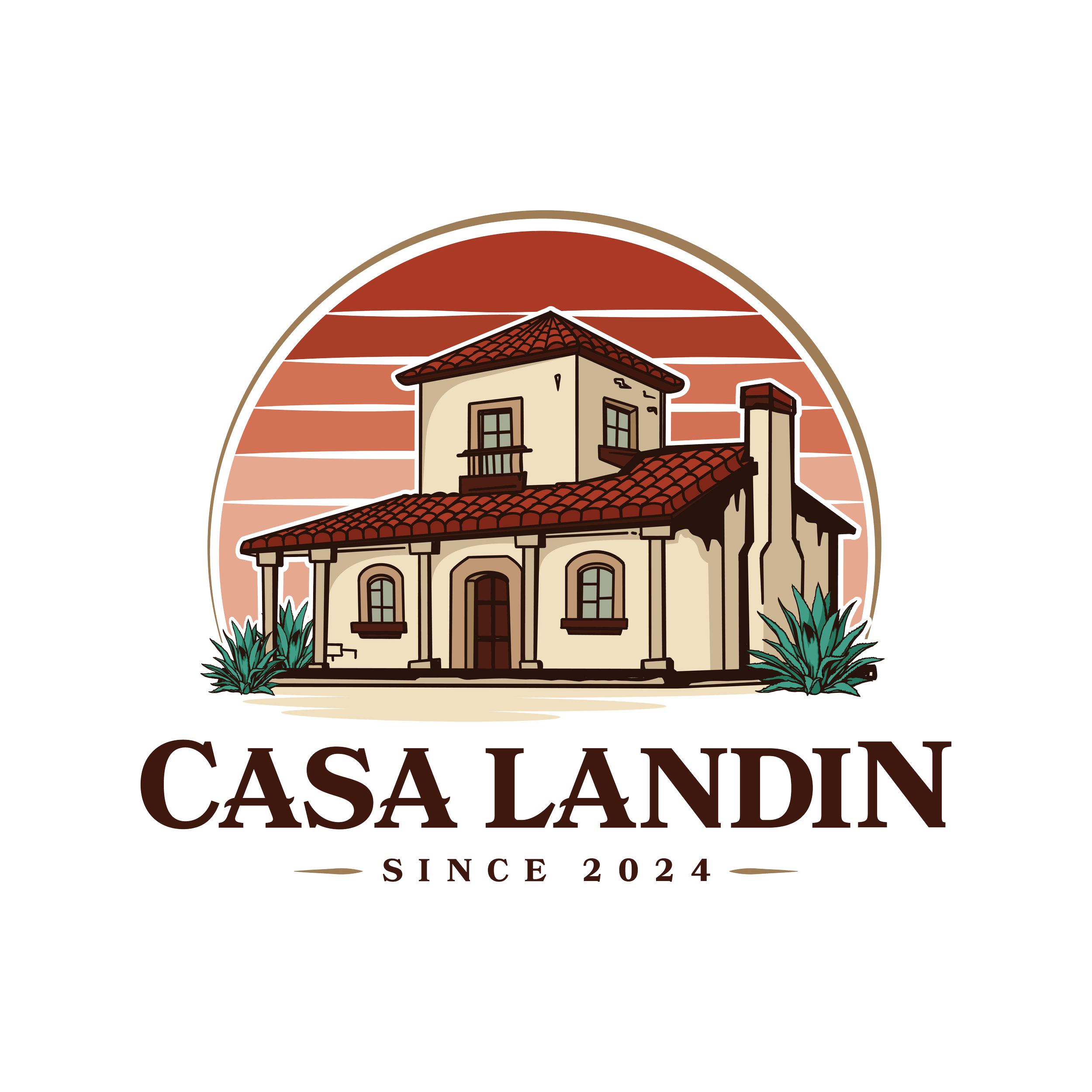 Illustration of a two-story house with a red tiled roof, arch windows, and bushes in front. The background features a sunset sky with horizontal lines. The text "CASA LANDIN" and "SINCE 2024" appears below the house.