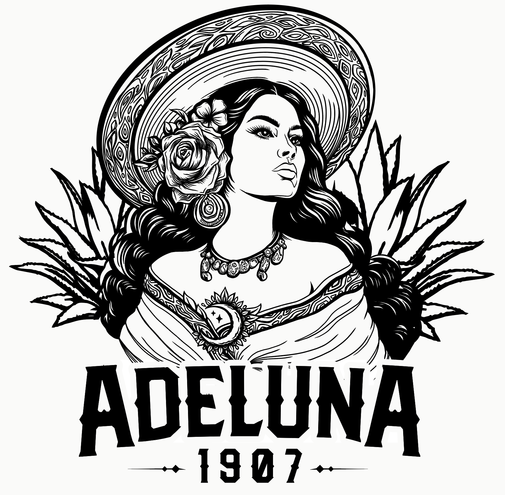 Illustration of a woman with long hair, wearing a wide-brimmed hat decorated with flowers, a necklace, and a shawl with a moon and sun emblem. Large leaves surround her, and the word "ADELUNA" with the year "1907" is written below.