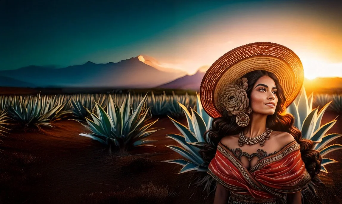 Woman wearing a large sun hat with flowers and jewelry, standing in an agave field at sunset with mountain in the background.