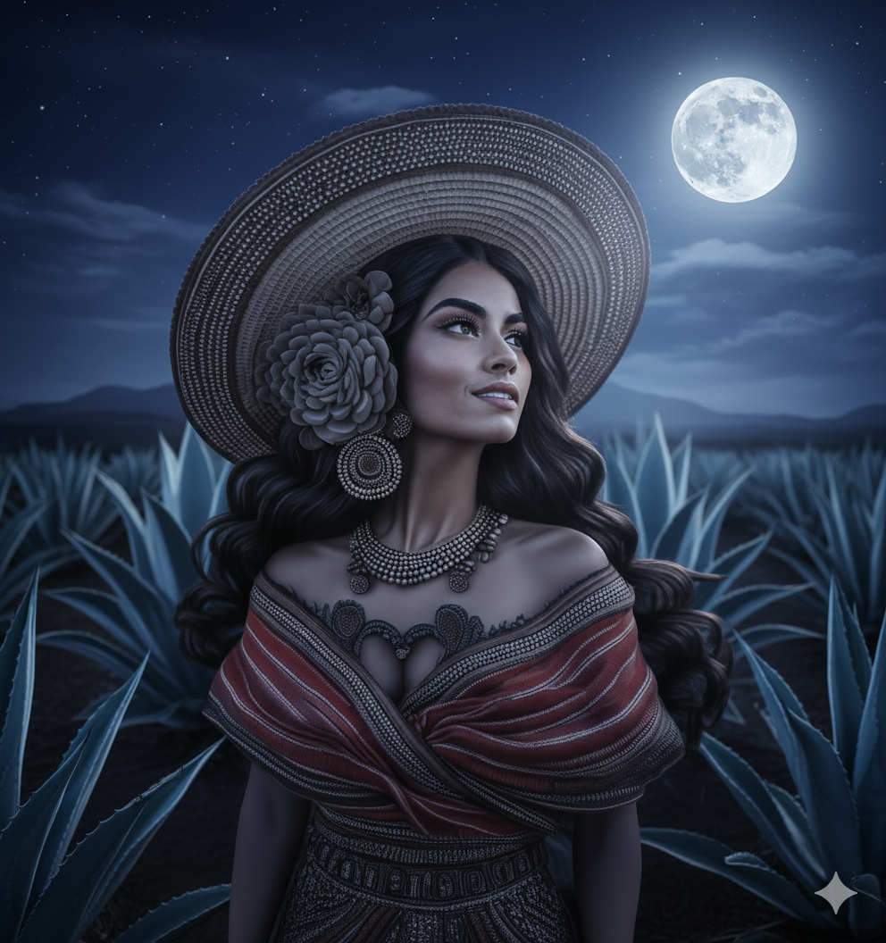 A woman dressed in traditional clothing, wearing a large sunhat and jewelry, stands in an agave field under a full moon at night.