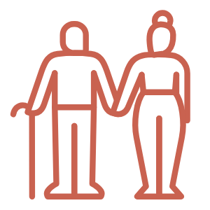 Line drawing of a man and woman holding hands, the man with a cane seeking aged care advice.
