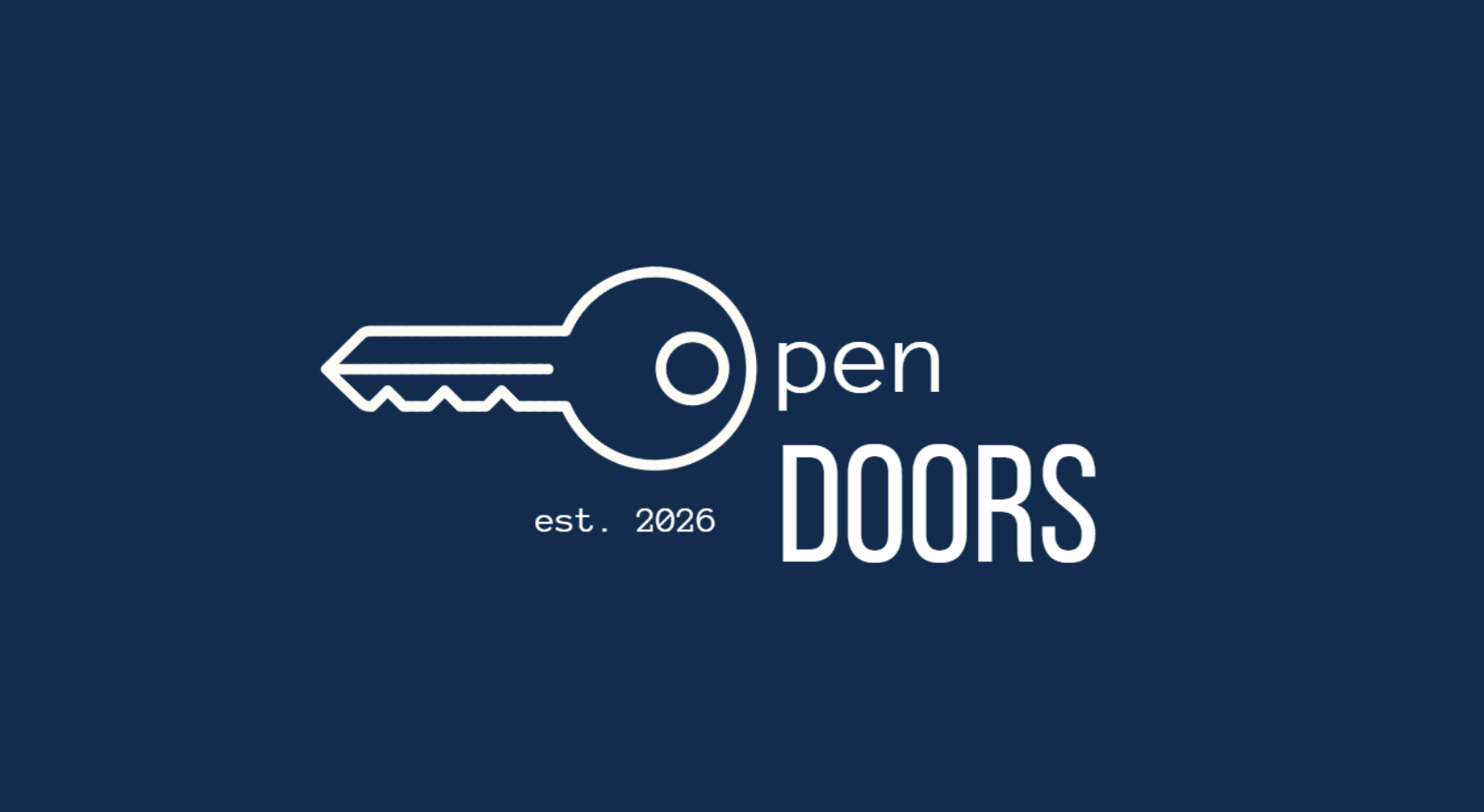 Logo for Open Doors, a company established in 2026, featuring a white outline of a key and the text "open DOORS" on a dark blue background.