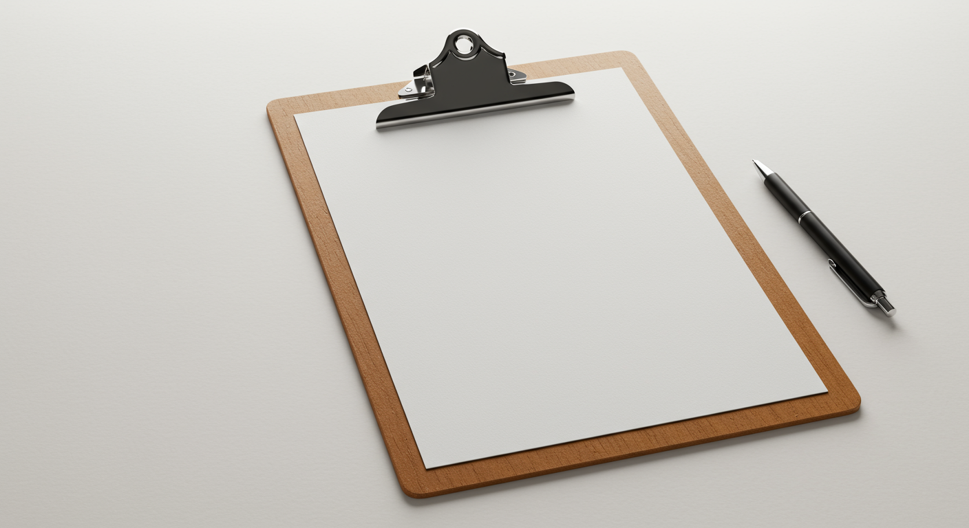A blank sheet of paper clipped to a wooden clipboard with a black pen nearby.