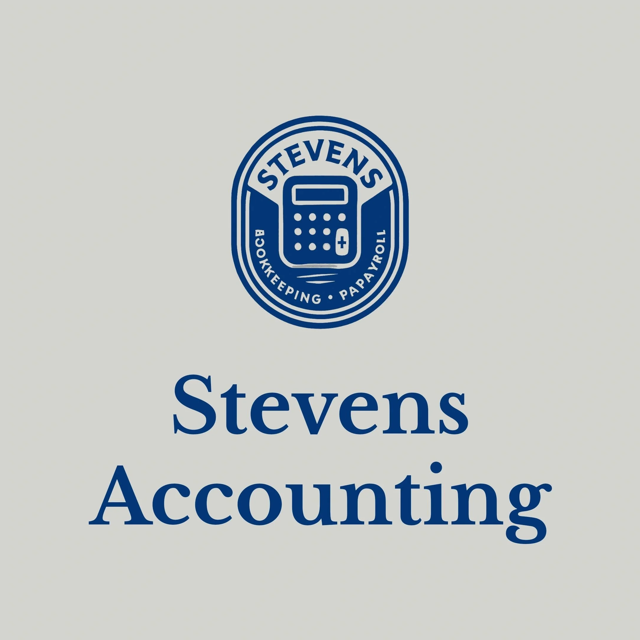 Logo with a calculator and the words 'Bookkeeping, Payroll' around it, and the text 'Stevens Accounting' below.