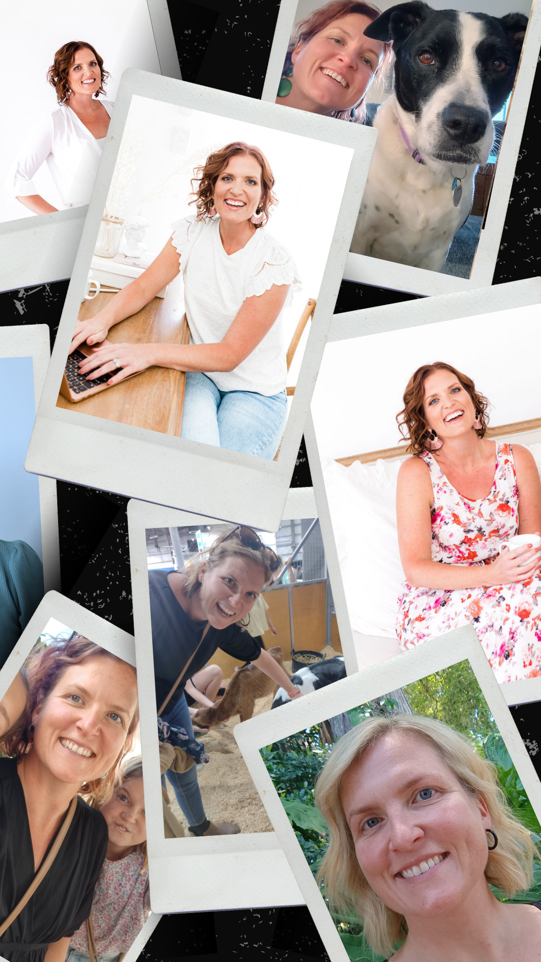 Collage-style photo of smiling woman with red hair