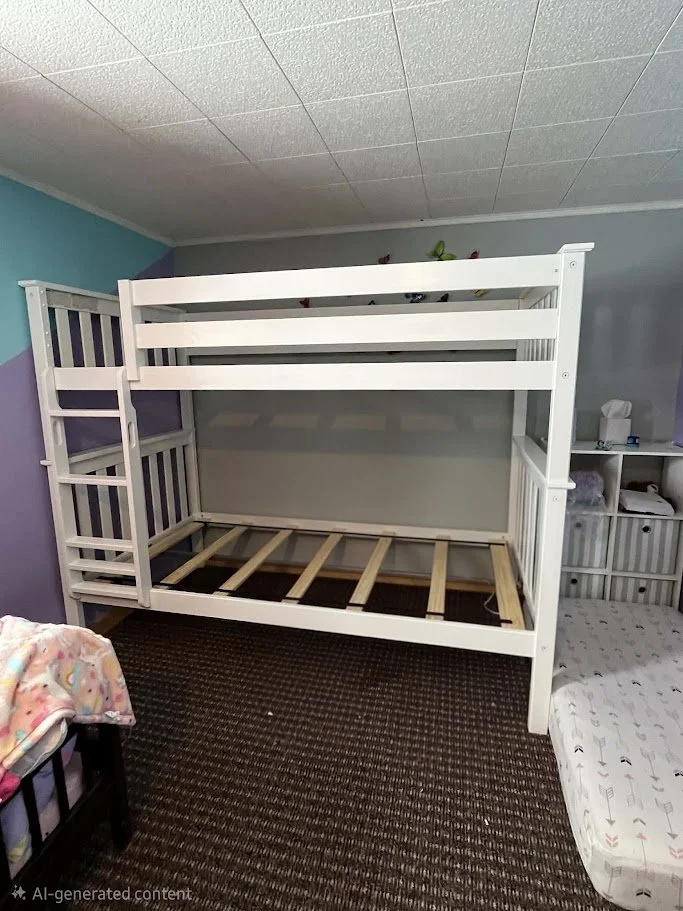 A white bunk bed frame without mattresses in a child's bedroom with a blue and purple wall, a patterned carpet, a small bed with a princess blanket, and shelves with items.