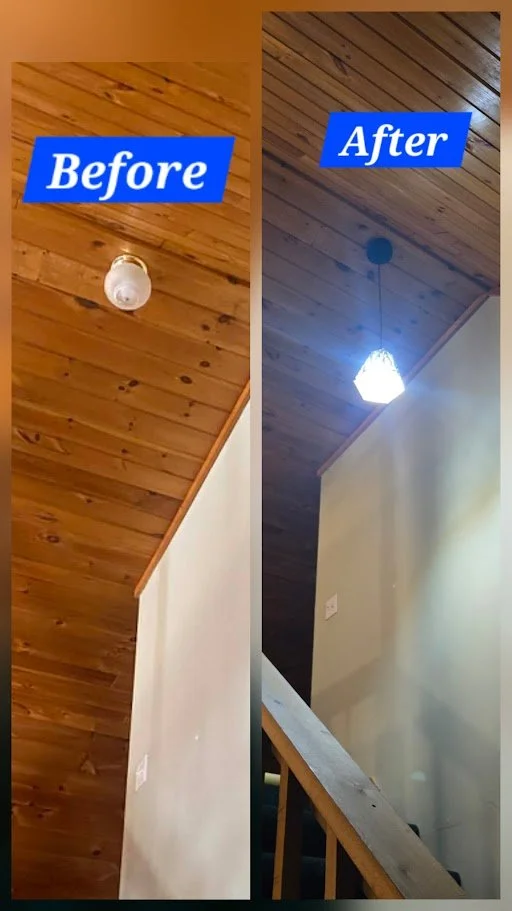 Comparison of a ceiling light fixture before and after being replaced, with wooden ceiling panels in both images.