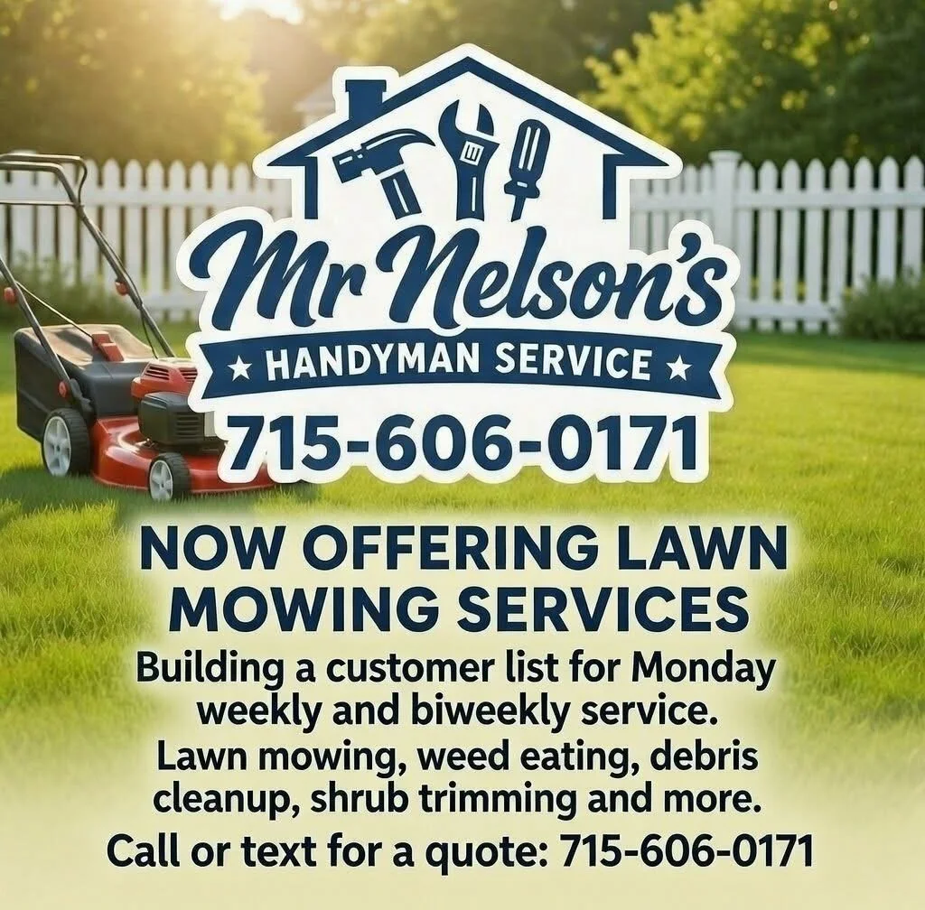 A sign for Mr. Nelson's Handyman Service featuring tools like a hammer, wrench, screwdriver, and paintbrush, with a background of a backyard lawn, a white picket fence, and a lawn mower, advertising lawn mowing, weed eating, debris cleanup, and shrub trimming services, with a contact phone number.