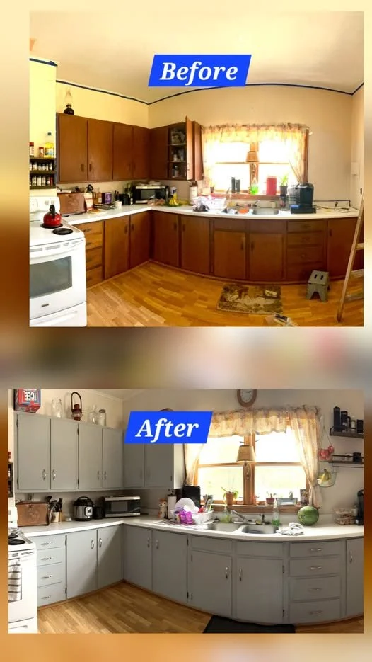 A kitchen before and after renovation. The 'Before' image shows wooden cabinets, a white stove, and clutter on the counter. The 'After' image shows refurbished, light-colored cabinets, a cleaner countertop, and organized space with a refreshed look.