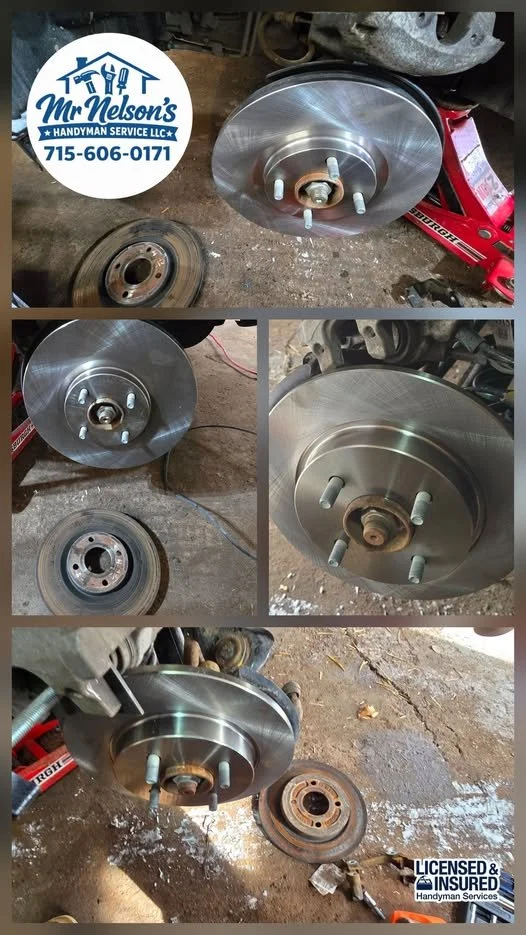 A collage of four photos showing a car brake rotor replacement. The images depict new and old brake rotors, with the new rotor installed on the vehicle and the old rotor removed, along with various tools and parts on a garage floor. There are brick walls and other workshop items visible in the background, and a sticker for Mr. Nelson's Handyman Service LLC is included in the top left corner.