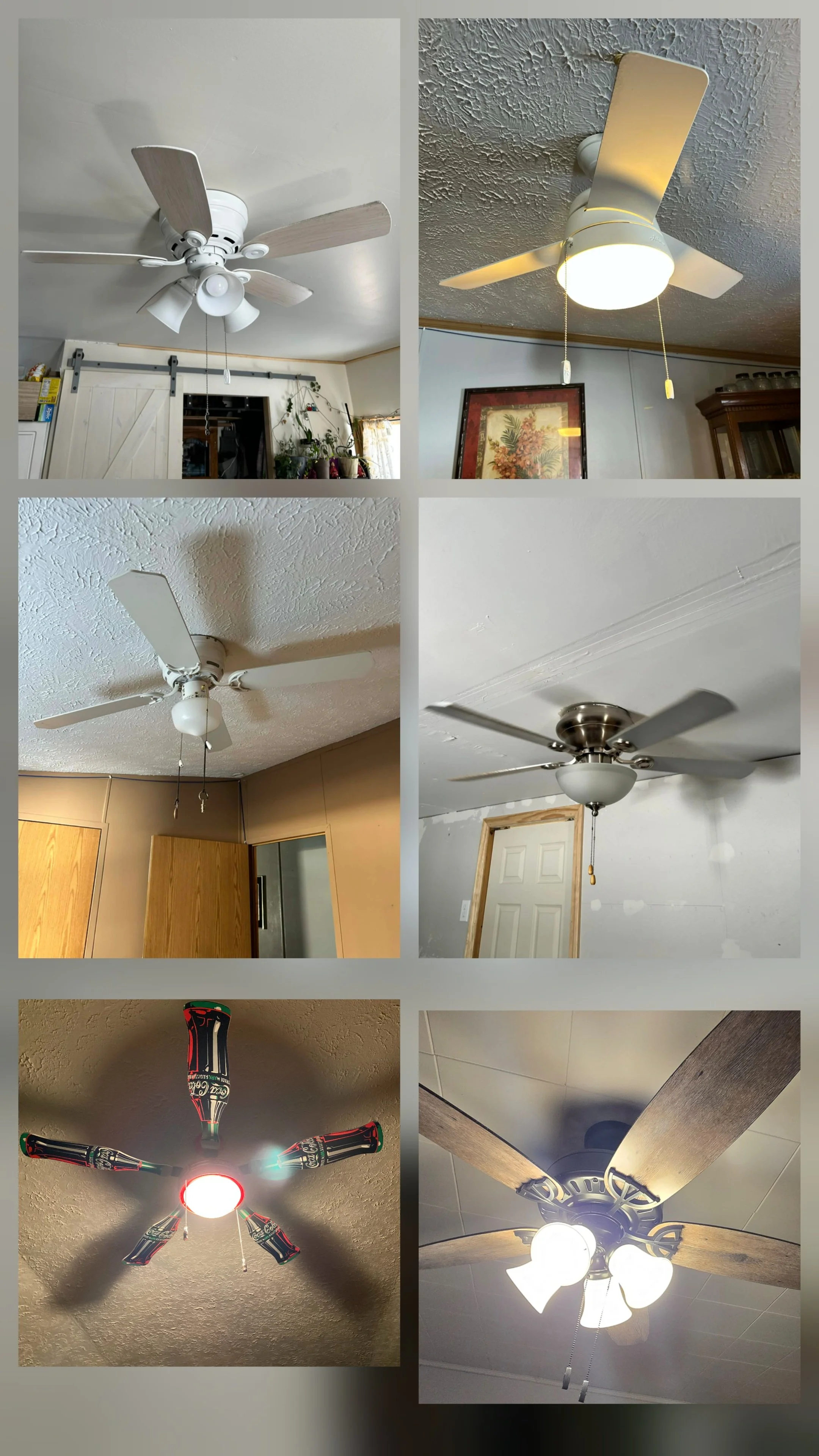 A collage of six ceiling fans featuring different styles and lighting fixtures in various rooms.