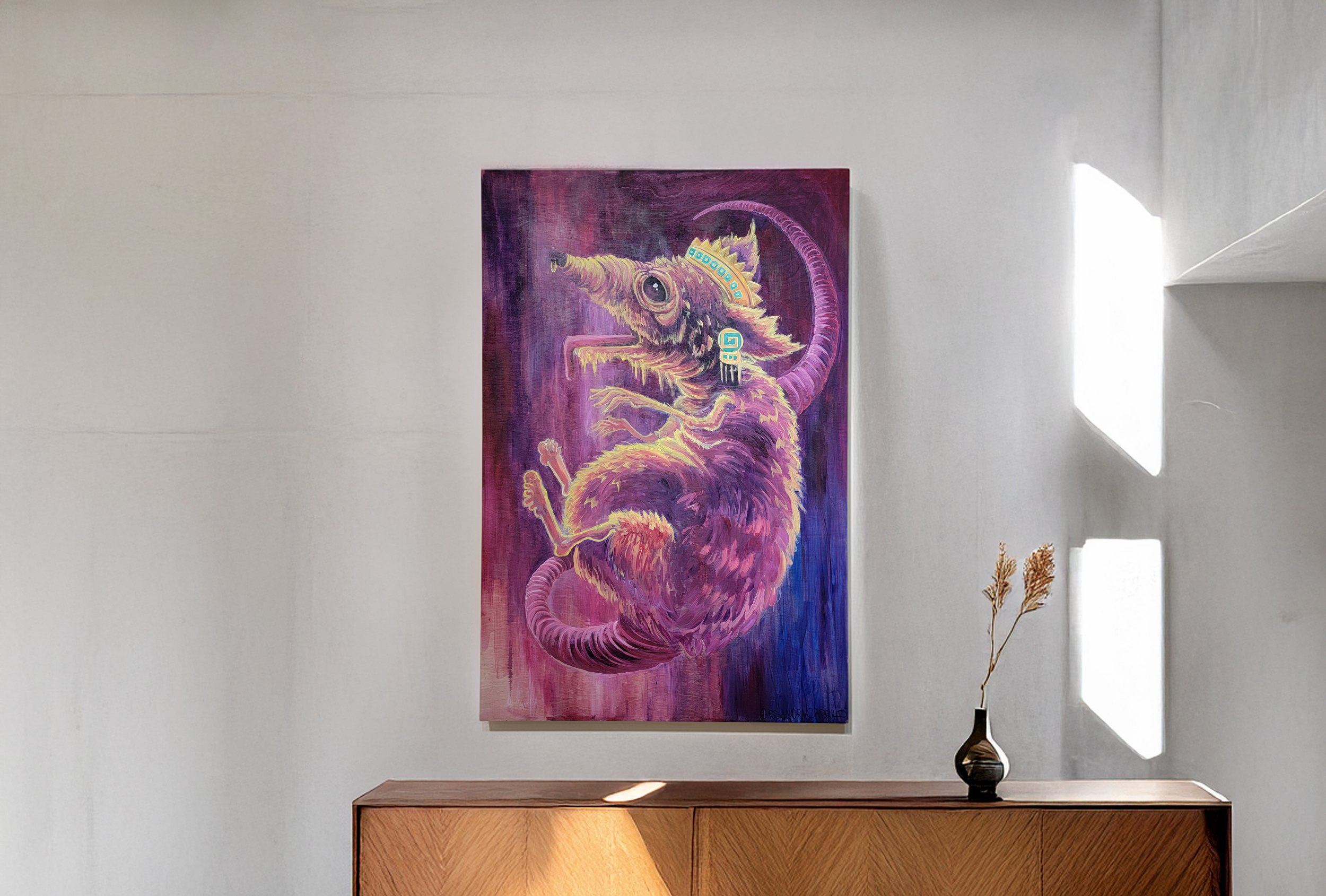 Contemporary figurative painting, Rat Emperor, magenta and gold, ancestral Aztec mythology. Surreal Portraiture.