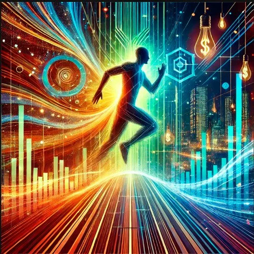 Una figura humana corriendo en un entorno futurista lleno de luces de neón, gráficos y símbolos tecnológicos, que representan innovación y velocidad.
