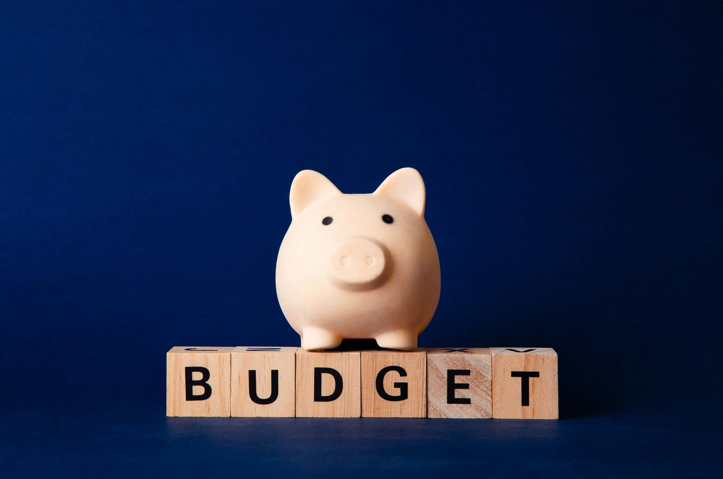 Cerdito de cerámica rosa claro sobre bloques de madera que forman la palabra 'BUDGET', con fondo azul oscuro.