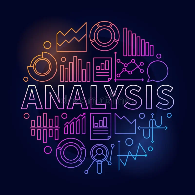 Ilustración de análisis de datos con gráficos de barras, líneas y diagramas en colores neón sobre fondo oscuro.