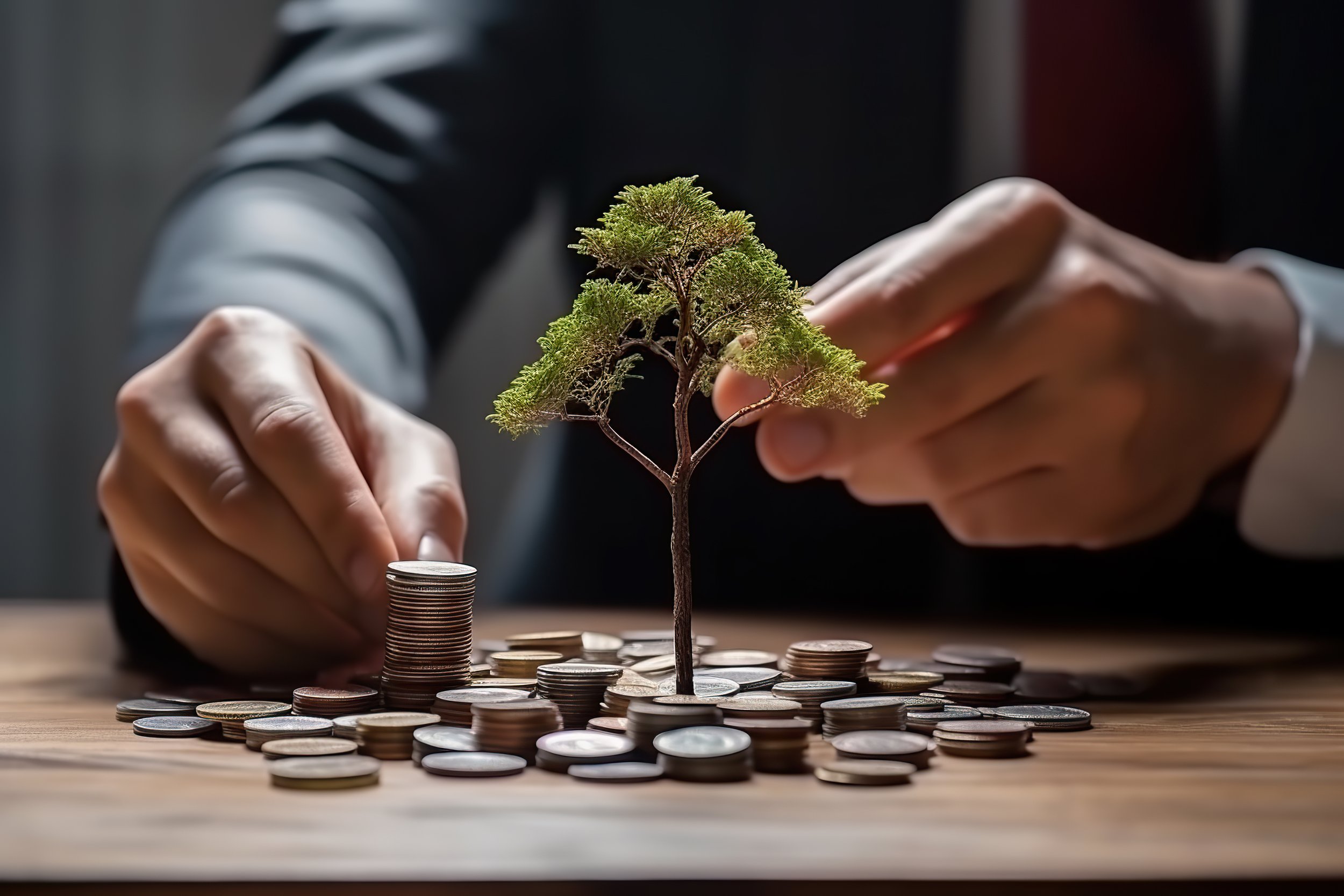 Mano colocando una moneda sobre una pila de monedas, una pequeña planta de árbol crece entre las monedas, fondos difusos de manos y una bandeja con más monedas.