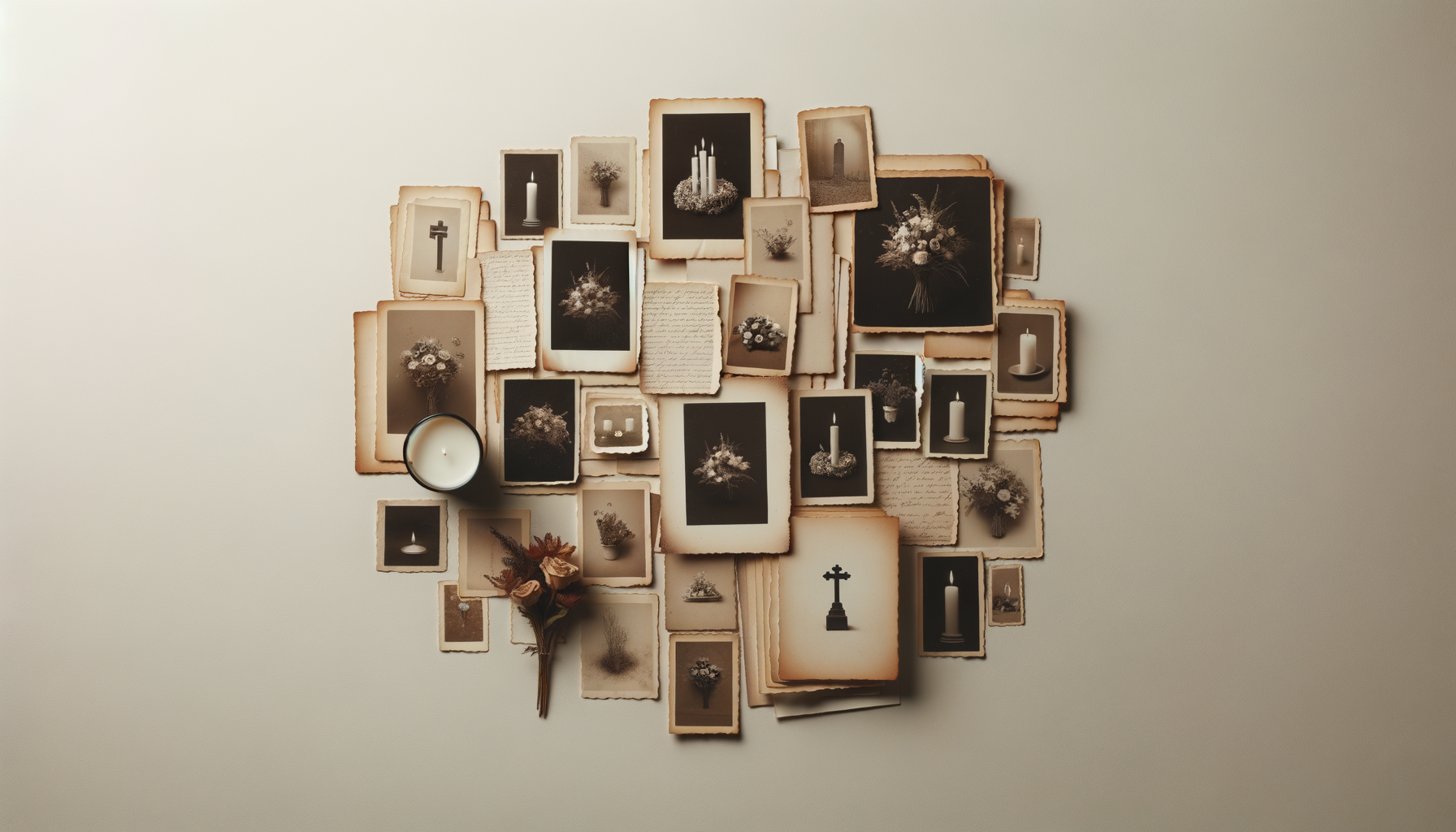 Collection of vintage photographs, handwritten notes, a candle, and dried flowers arranged on a wall.