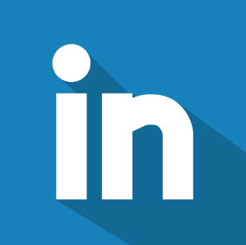 Logo de LinkedIn con fondo azul y sombra larga.