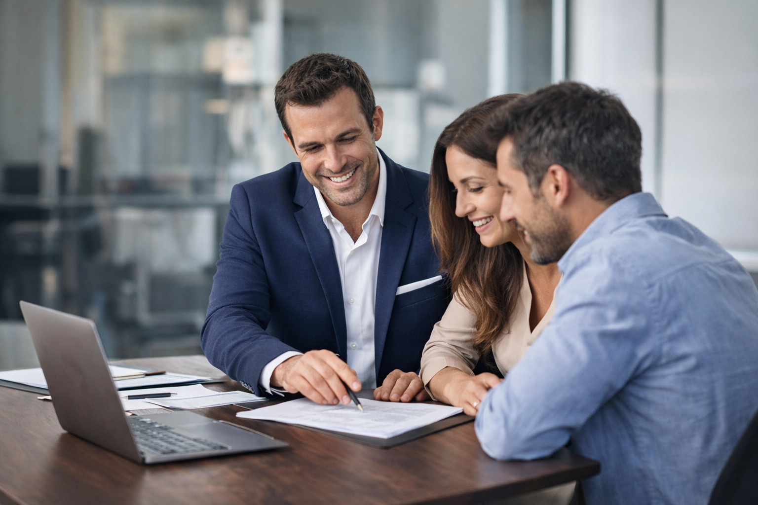 Tres personas en una reunión de negocios, un hombre con saco azul y dos personas con blusa beige y camisa azul, revisando documentos en una mesa con computadora portátil.