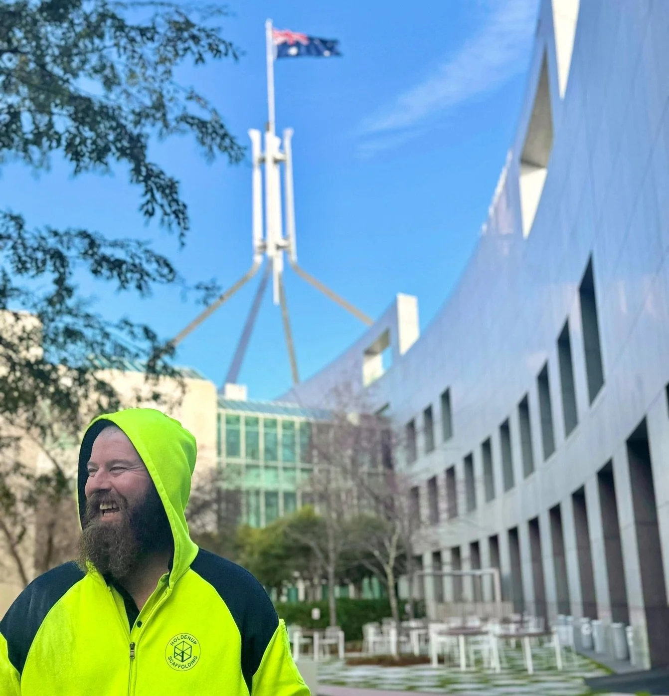 This week&rsquo;s model, Kyle, having a moment of happiness at Parliament House. We&rsquo;re currently scaffolding in and around Capital Hill.