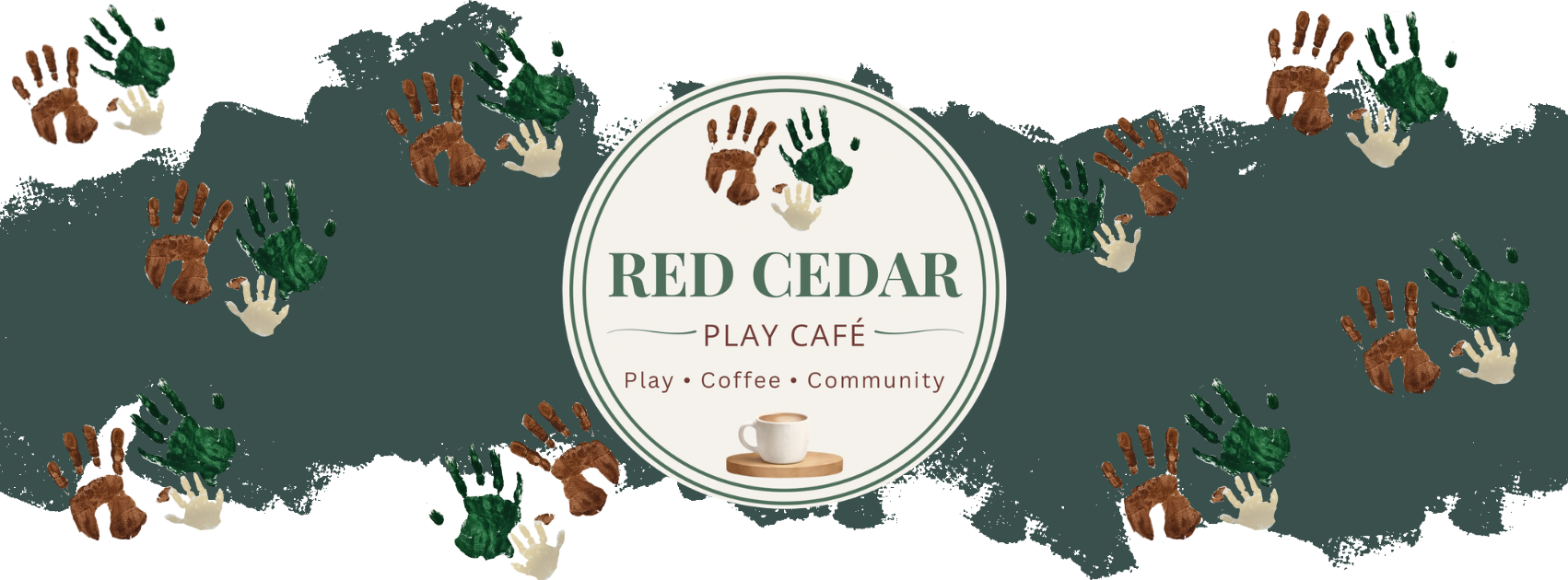A logo for Red Cedar Play Café featuring the café's name, a cup of coffee, and colorful handprints in green, brown, and beige surrounding it.
