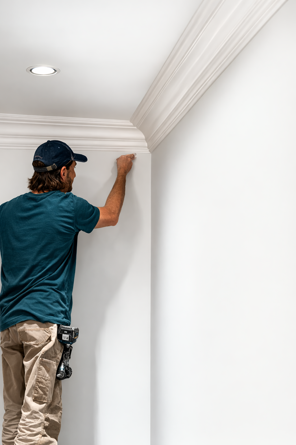 A man wearing a blue cap and teal t-shirt is installing crown molding in a room with white walls and ceiling, using his right hand to hold the molding in place.