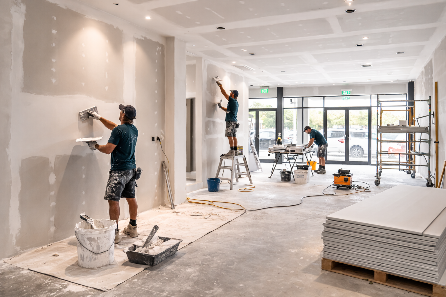 Construction workers installing drywall in a commercial interior space with large glass doors, scaffolding, and construction tools.