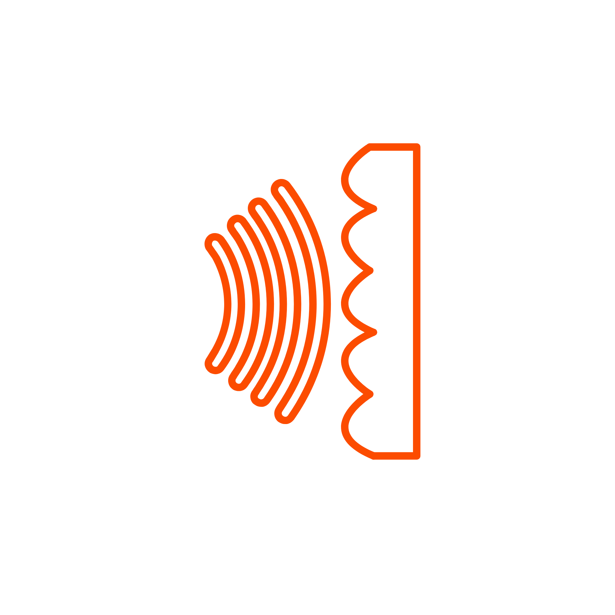 Illustration of a speaker emitting sound waves, depicted with orange lines against a black background.