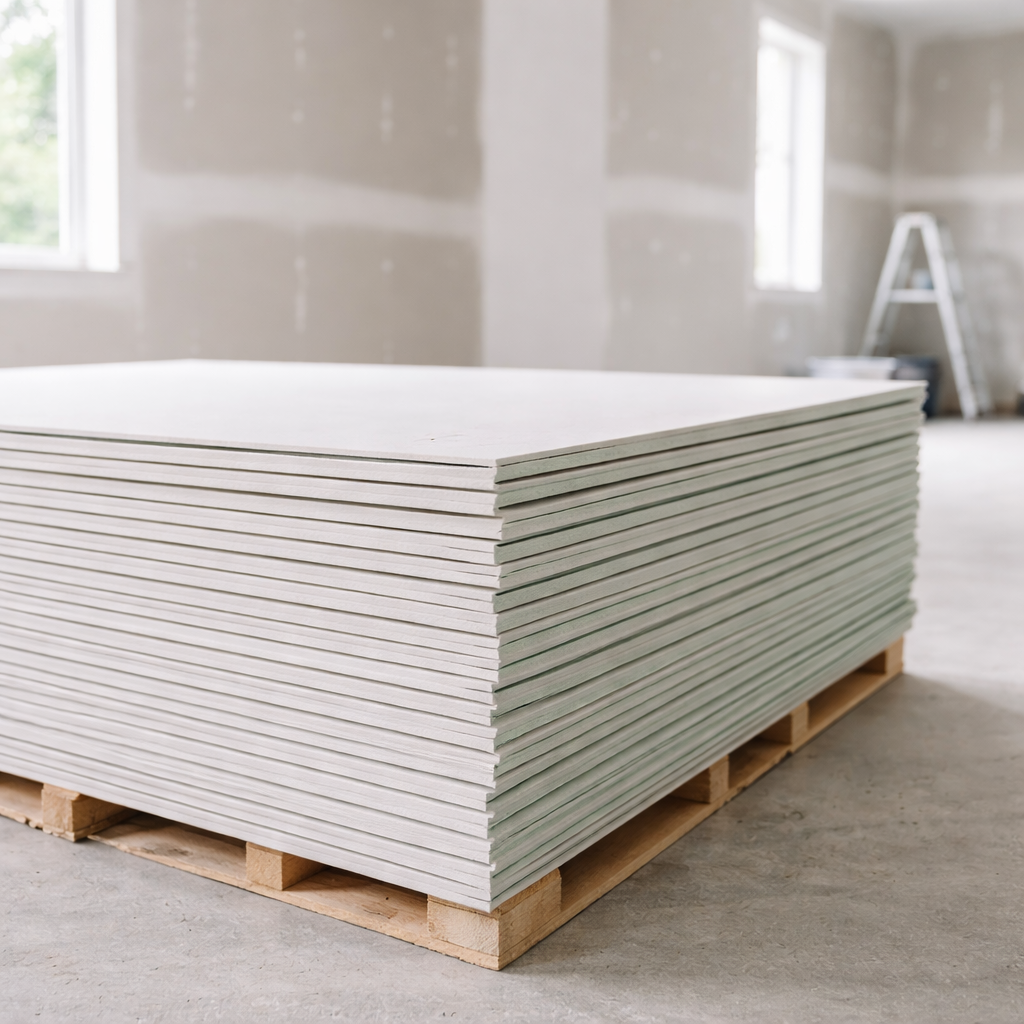 Stack of drywall sheets on a wooden pallet in an unfinished room with windows and construction ladder in the background.