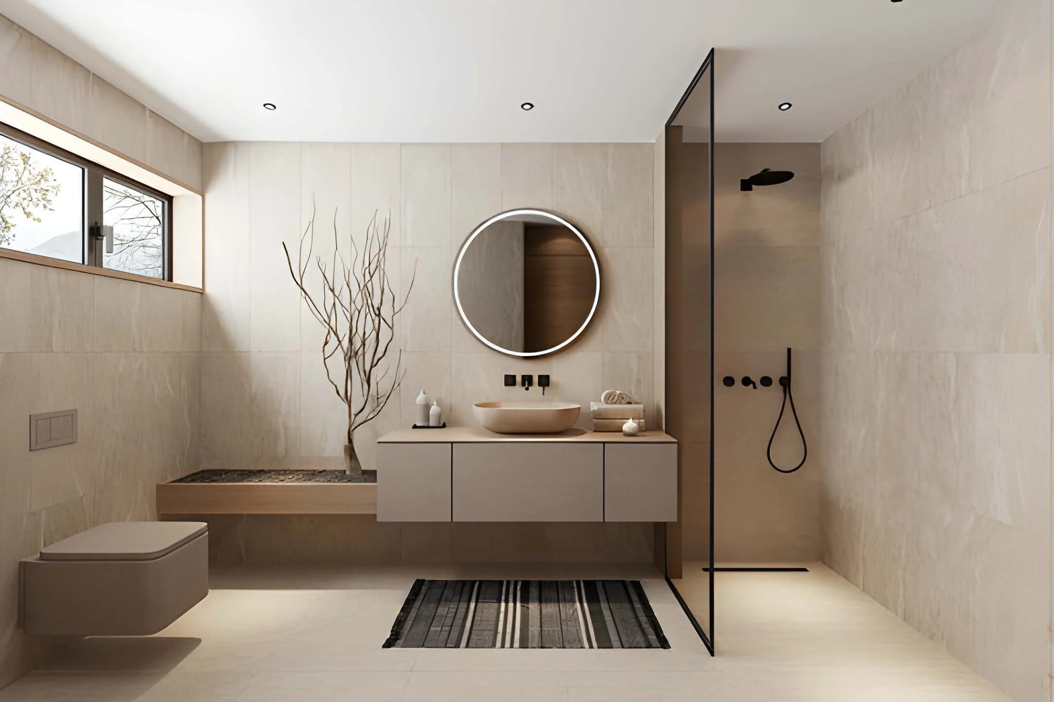 Luxury bathroom renovation with glass-enclosed shower and vanity